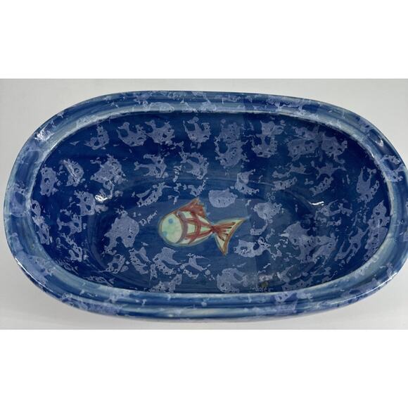 Bowl w/Lid Evandale Porcelain Handpainted Fish Design Blue 9” L x 5.25”W x 5.5”T - Picture 8 of 14